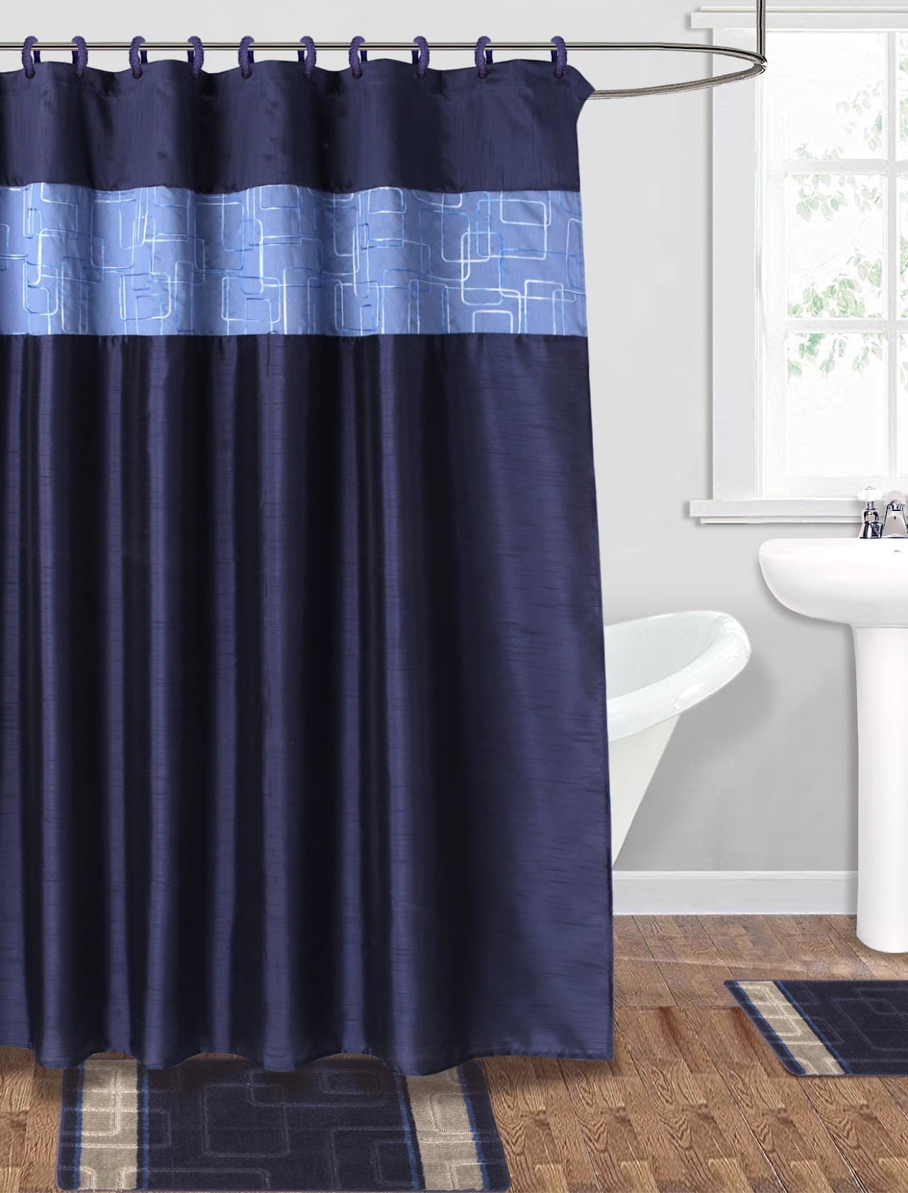 Fabric Embroidered Shower Curtain - Dark Navy - Standard